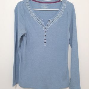 Sonoma Life & Style Long sleeve light blue cotton with lace top, Medium